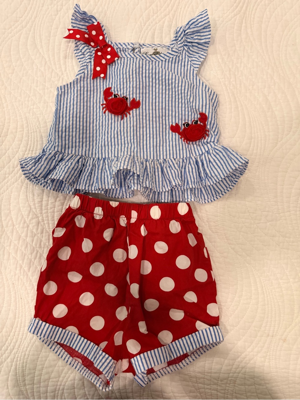 Rare Editions Red Polka Dot Shorts with Blue & White Striped Ruffle Top 24M